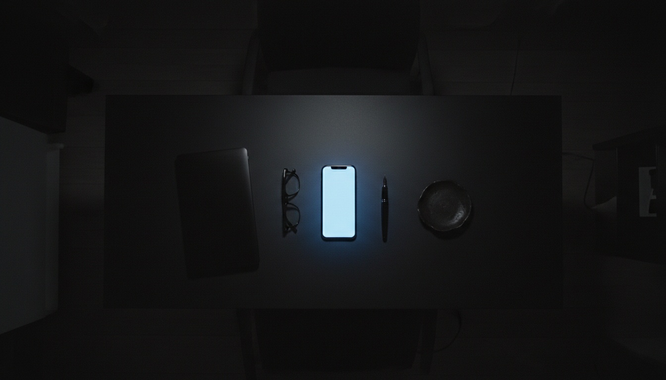 A desk at night lit only by a phone