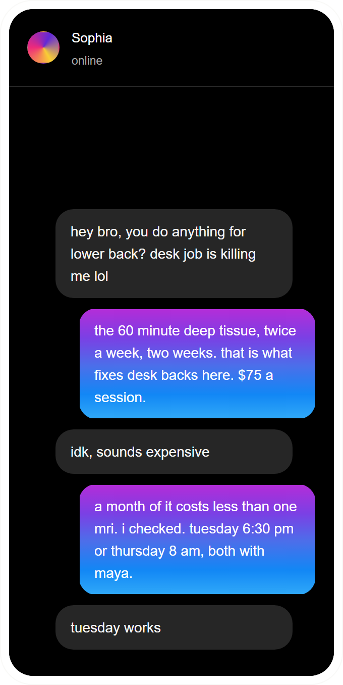 Instagram conversation with the agent, in English