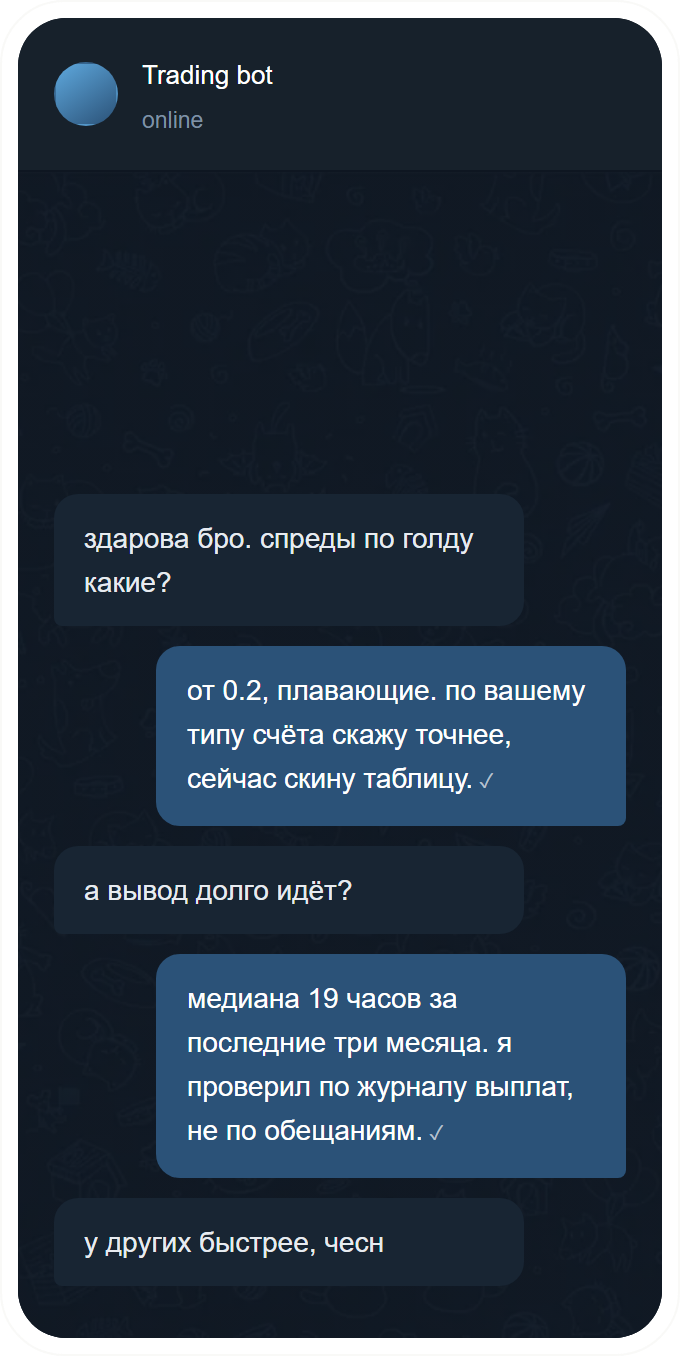 Telegram conversation with the agent, in Russian