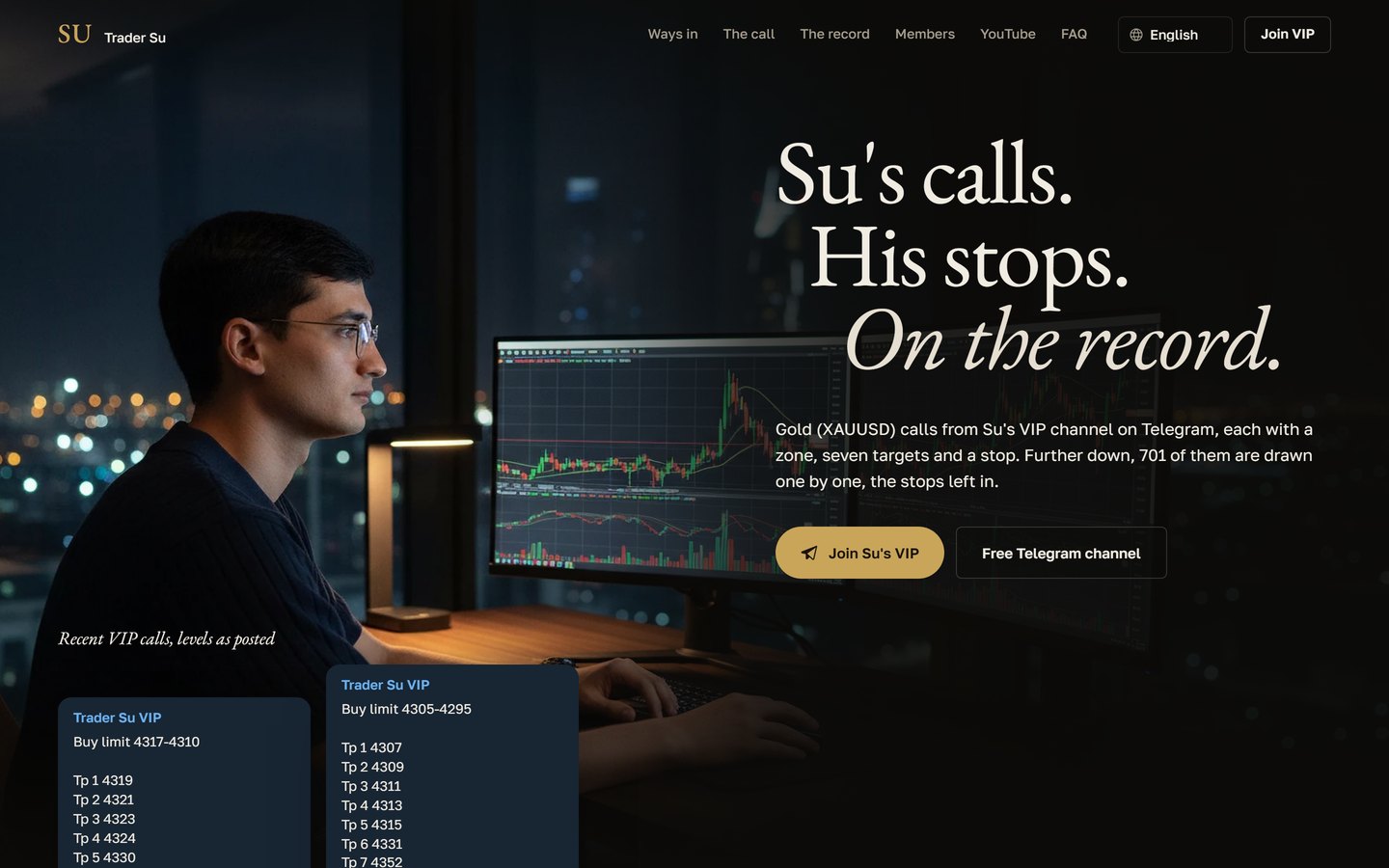 tradersu.vip: a landing page for a gold-signals trader, dark, with a trading desk photograph